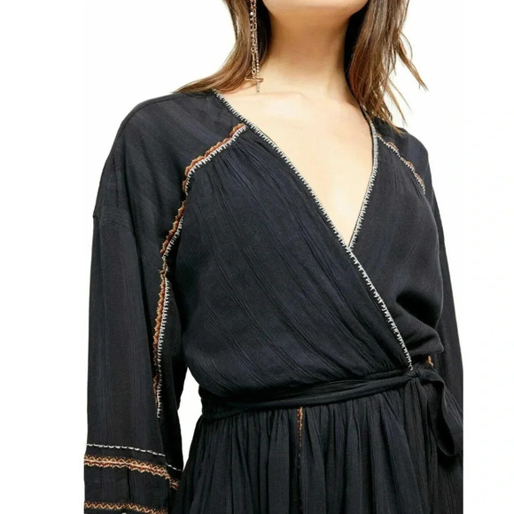 Free People Delilah Embroidered Wrap Mini Dress Midnight Blue Size XS - Picture 4 of 11